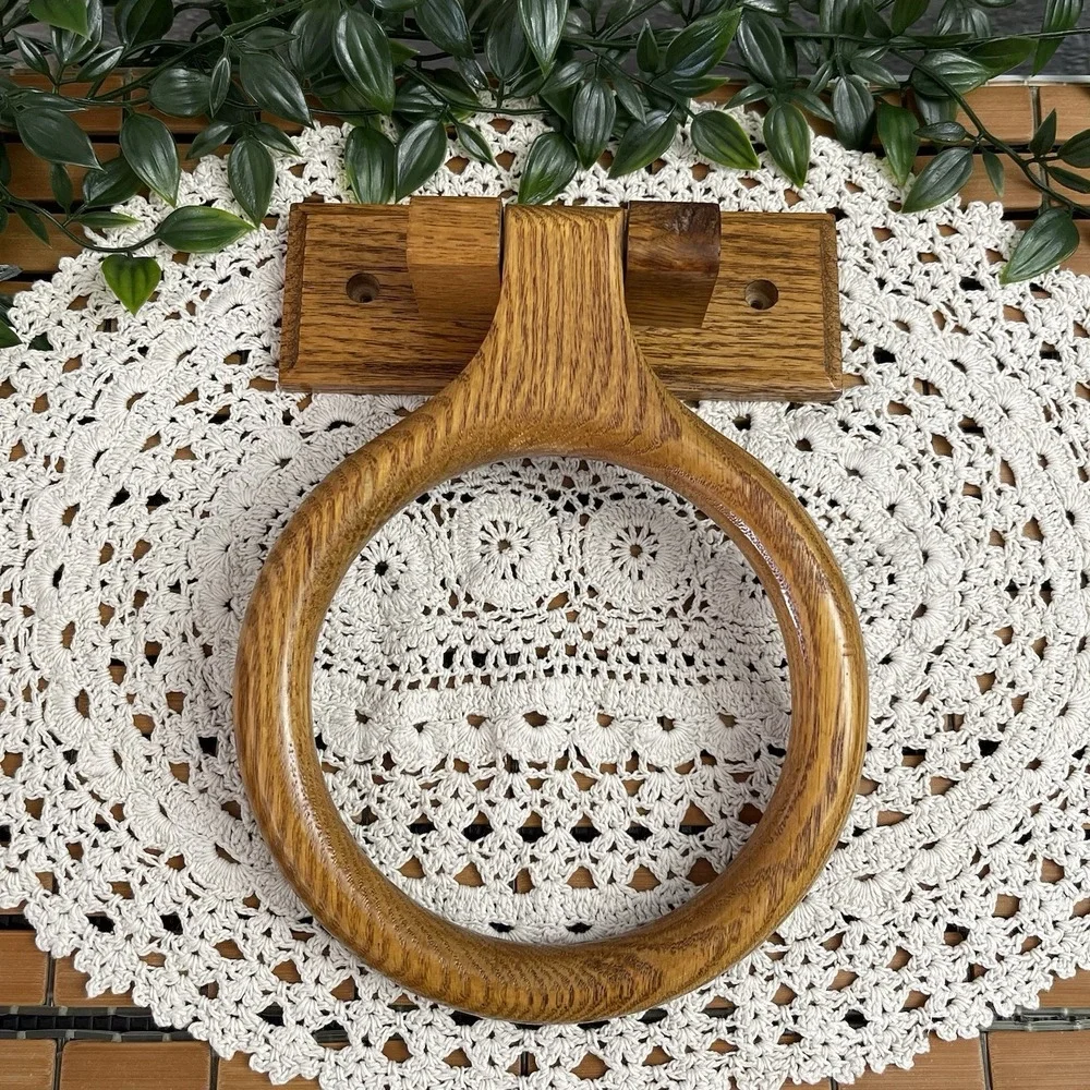 Vintage Honey Oak Wood Towel  Ring Holder Wall Mount Bathroom Hardware 1980s